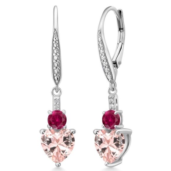 925 Sterling Silver with 3.03 Cttw Peach Morganite and Ruby Heart Drop Earrings